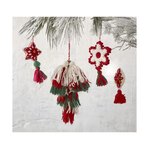 Tag Hand Stitched Red Felt Tassel Tree Ornaments Holiday Decor In Multi