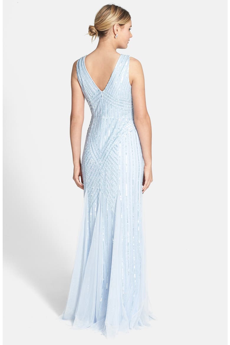 Beaded Mesh V-Neck Trumpet Gown, Alternate, color, ICE BLUE
