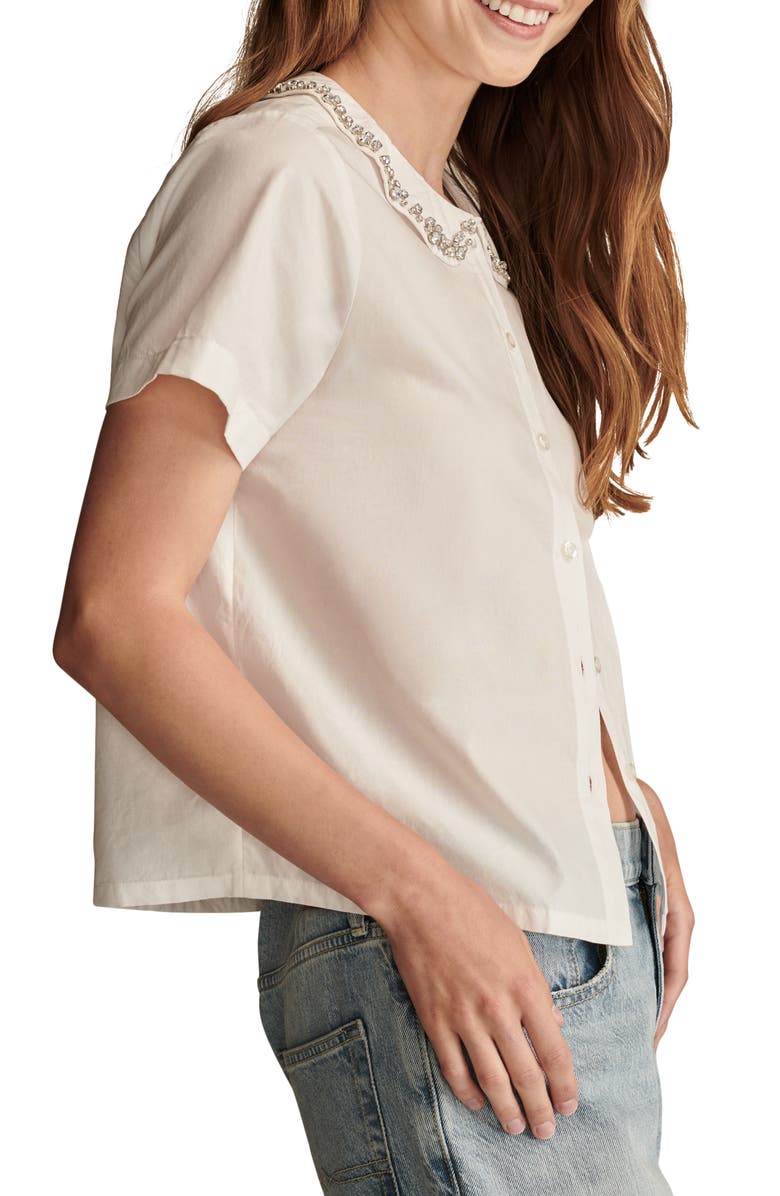 Lucky Brand Rhinestone Embellished Short Sleeve Cotton Button-Up Shirt, Alternate, color, Bright Whi