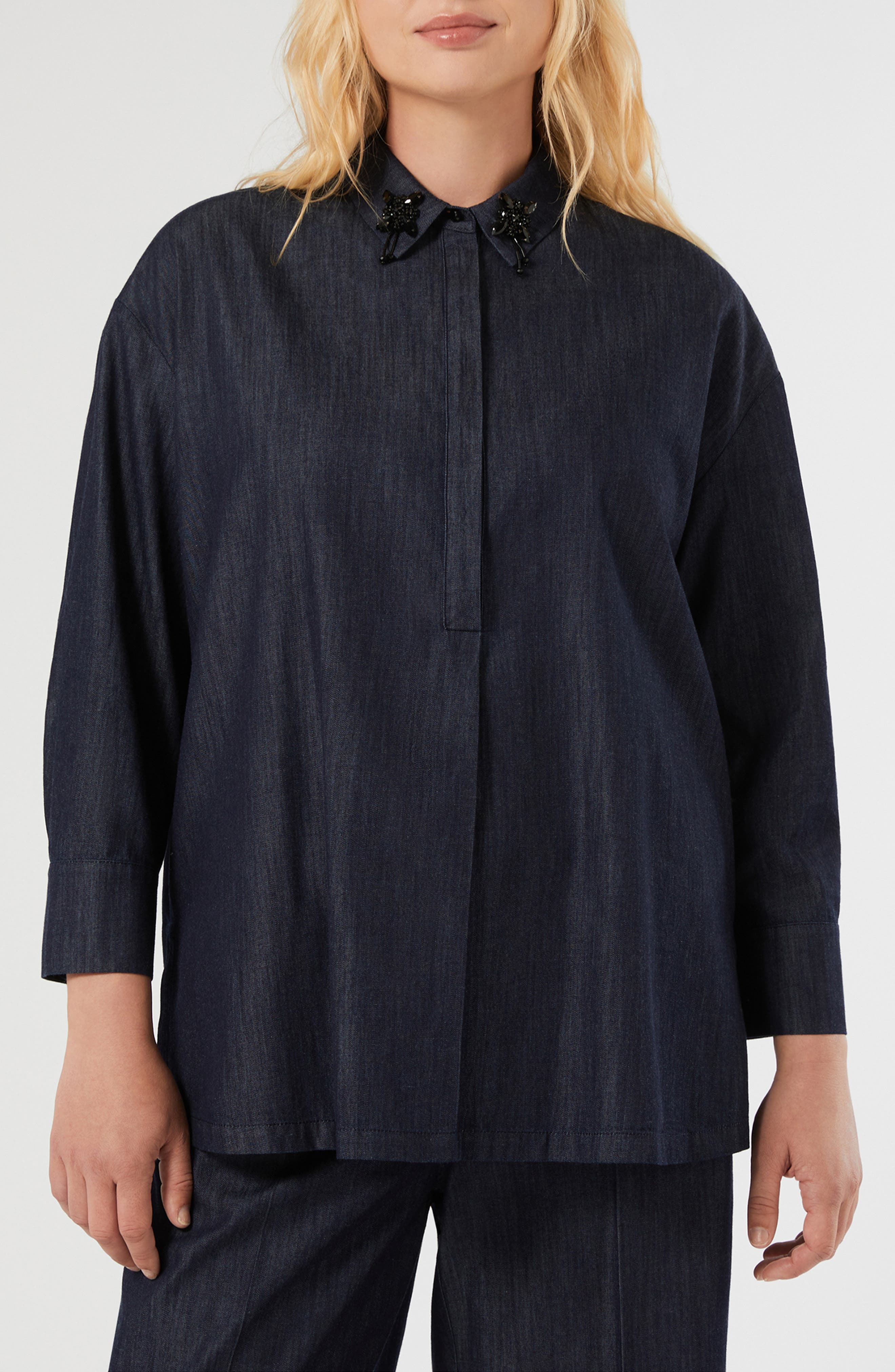 Abile Beaded Collar Denim Jacket