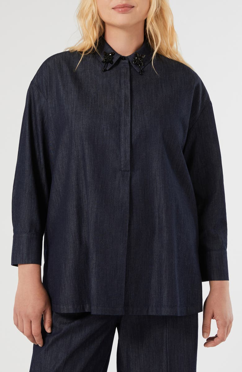 Marina Rinaldi Abile Beaded Collar Denim Jacket, Main, color, Blue Jeans