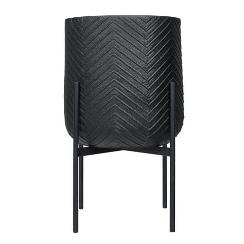 Round Metal Planter with Chevron Pattern on Stand, Black