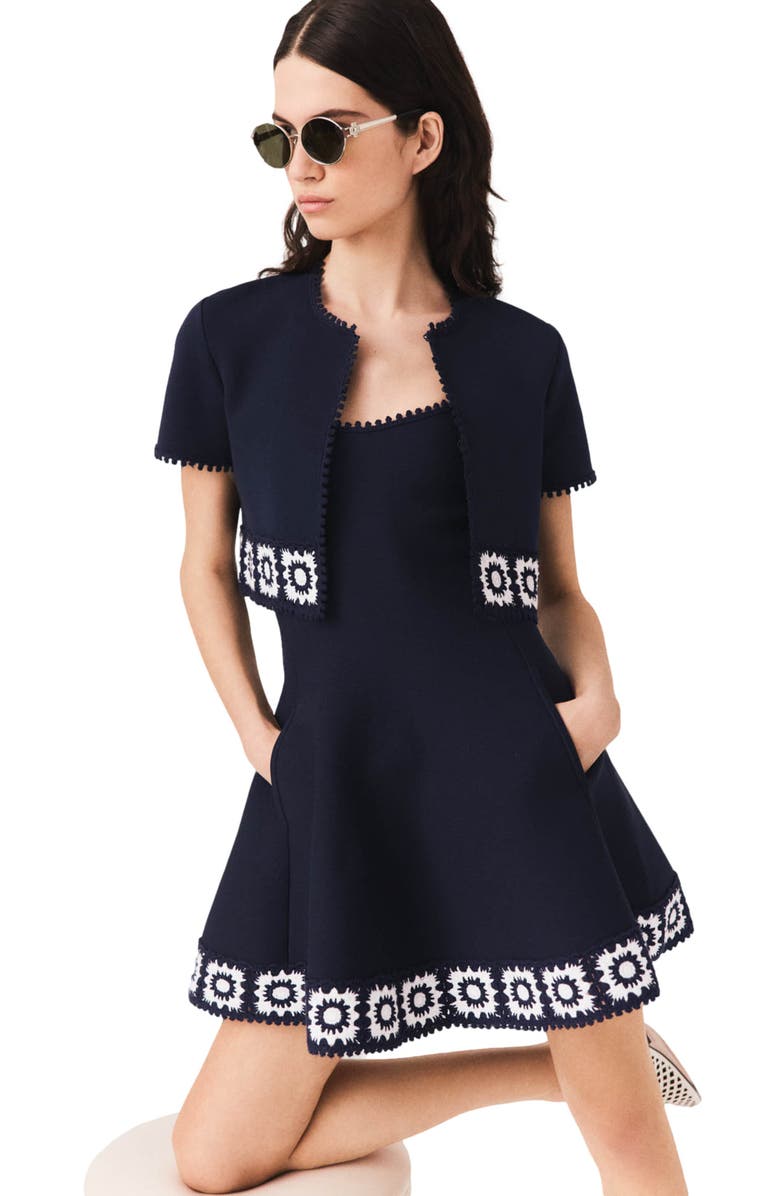 maje Cardigan with crochet panels, Alternate, color, Navy