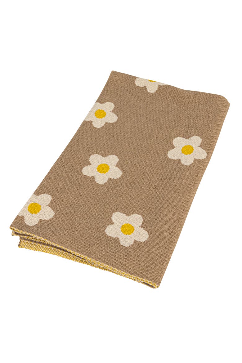 Cotton Knit Baby Blanket with Printed Flowers, Brown and White, Main, color, Natural