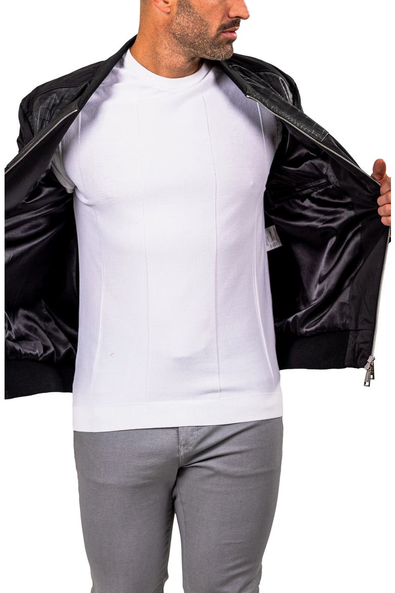 Croc Embossed Leather Bomber Jacket, Alternate, color, BLACK