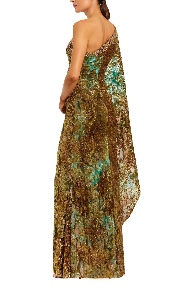 One Shoulder Metallic Burnout Velvet Evening Gown, Alternate, color, Gold Multi