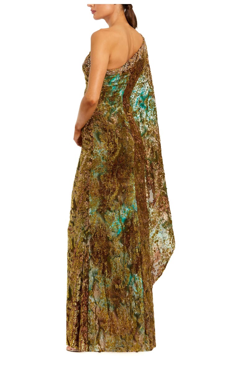 Mac Duggal One Shoulder Metallic Burnout Velvet Evening Gown, Alternate, color, Gold Multi