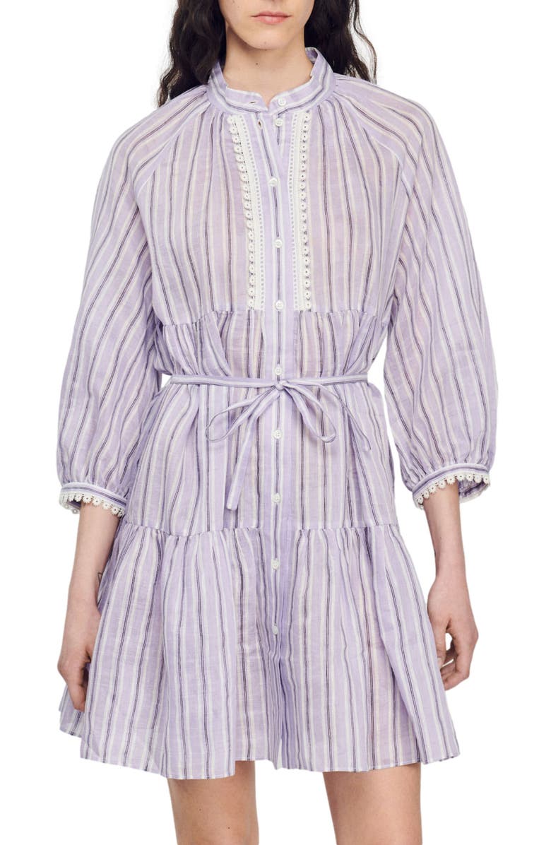 SANDRO Juliana Stripe Linen Blend Shirtdress, Alternate, color, Lilas / Noir