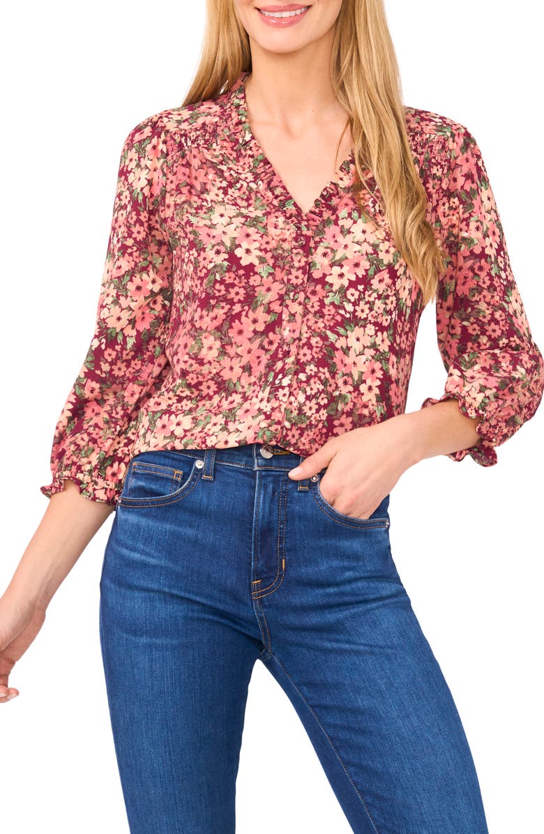 CeCe Flower Print Three-Quarter Sleeve Button-Up Shirt, Main, color, 