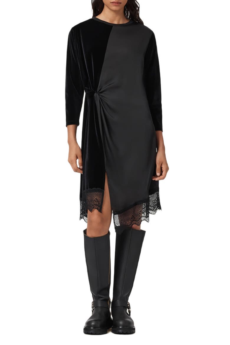 Lana Lace Hem Velvet Dress, Main, color, BLACK