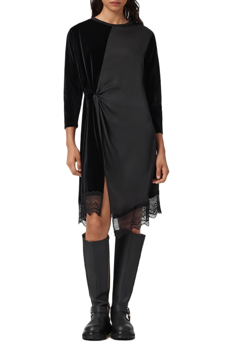 AllSaints Lana Lace Hem Velvet Dress, Main, color,