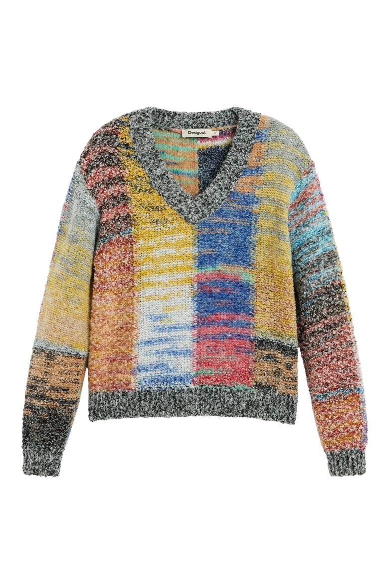 Check Textured V-Neck Pullover, Alternate, color, ORANGE RED