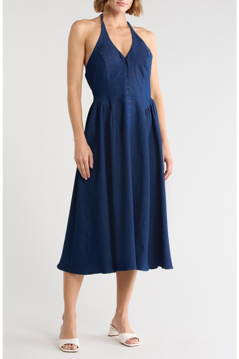 Halter Neck Button Front Fit and Flare Midi Dress, Main, color, DENIM