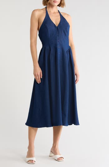 Lush Halter Neck Button Front Fit and Flare Midi Dress in Denim at Nordstrom Rack, Size Small
