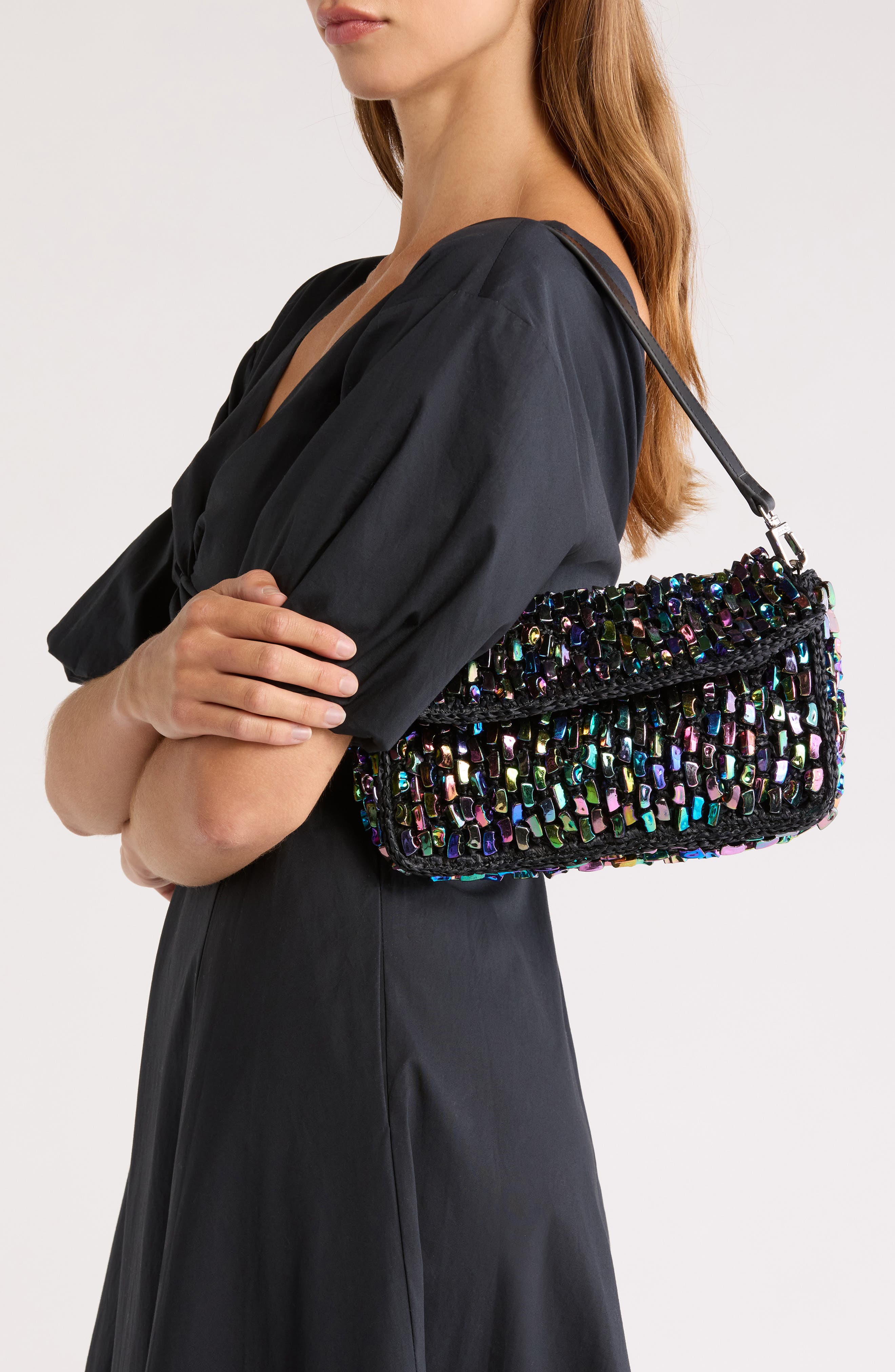 STAUD Timmy Beaded Shoulder Bag, Alternate, color, Black