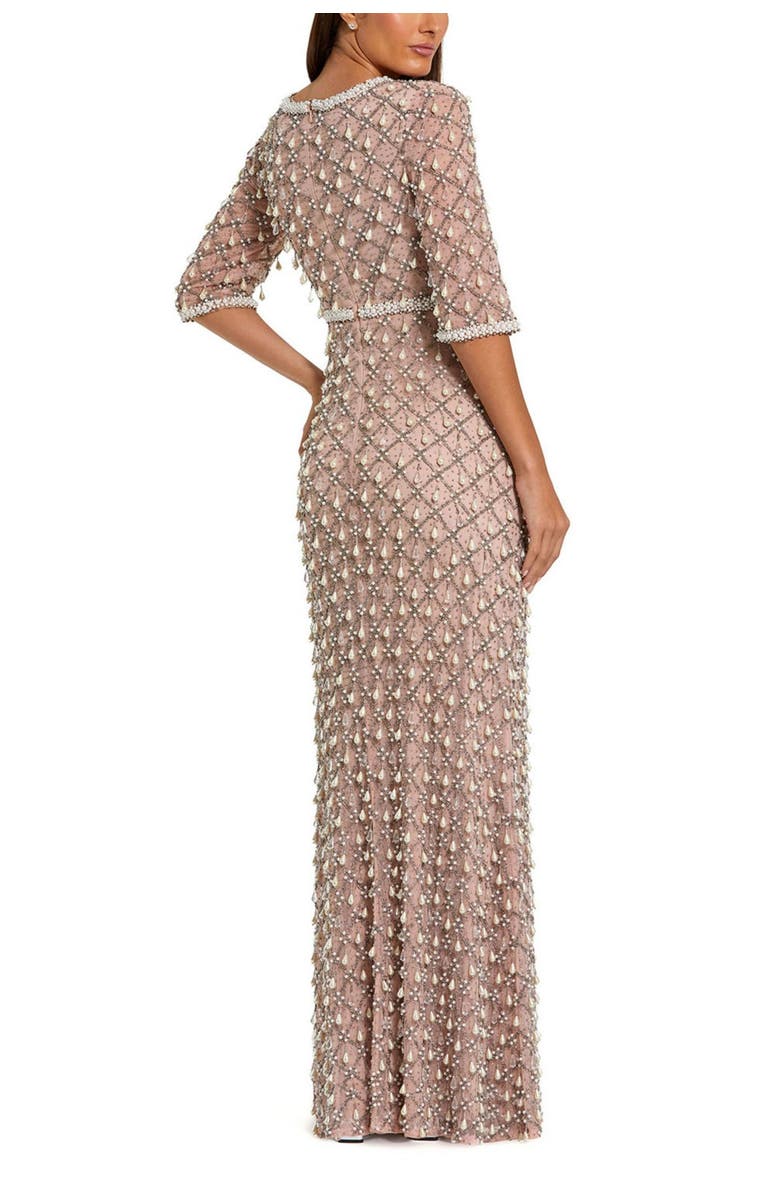 Mac Duggal 3/4 Sleeve Pearl Embellished Mesh Gown, Alternate, color, Light Rose