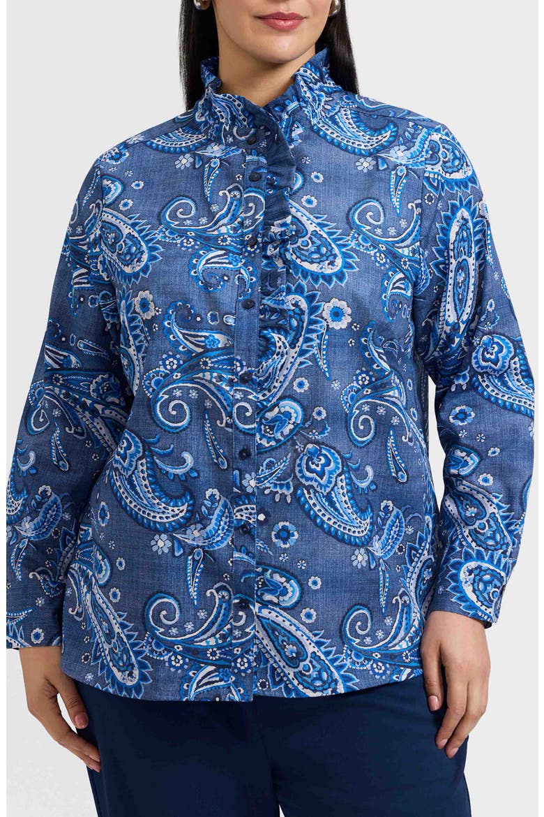 Sadie Paisley Ruffle Cotton Poplin Button-Up Shirt, Main, color, BLUE MULTI