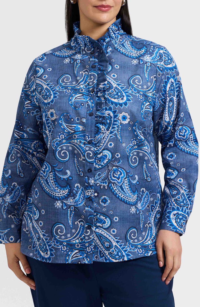 Foxcroft Sadie Paisley Ruffle Cotton Poplin Button-Up Shirt, Main, color, Blue Multi