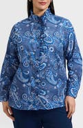 Foxcroft Sadie Paisley Ruffle Cotton Poplin Button-Up Shirt