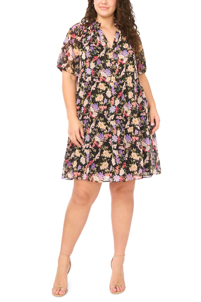 Floral Short Sleeve Babydoll Dress, Main, color, RICH BLACK