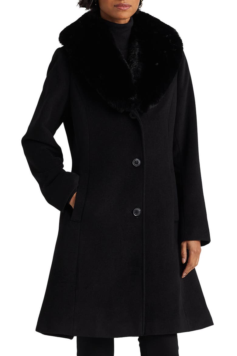 ジャケット・アウター louren big shawl collar double coat Lauren Ralph Lauren Faux Fur Shawl Collar Wool Blend Coat (Women