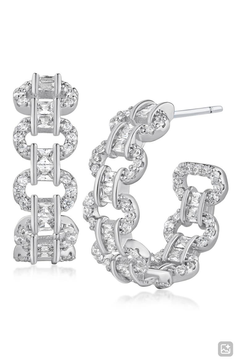 Pavé Cubic Zirconia Chain Hoop Earrings, Main, color, RHODIUM PLATED