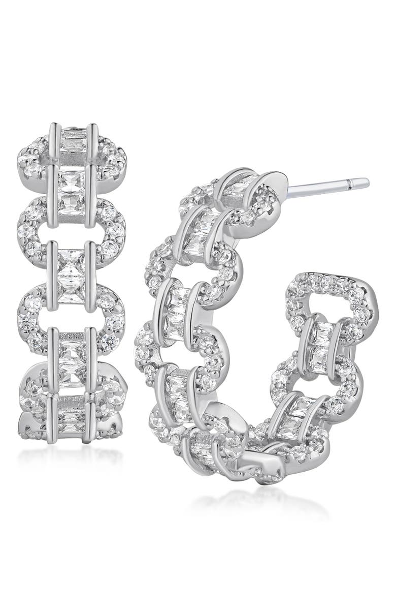 CZ by Kenneth Jay Lane Pavé Cubic Zirconia Chain Hoop Earrings, Main, color, Rhodium Plated