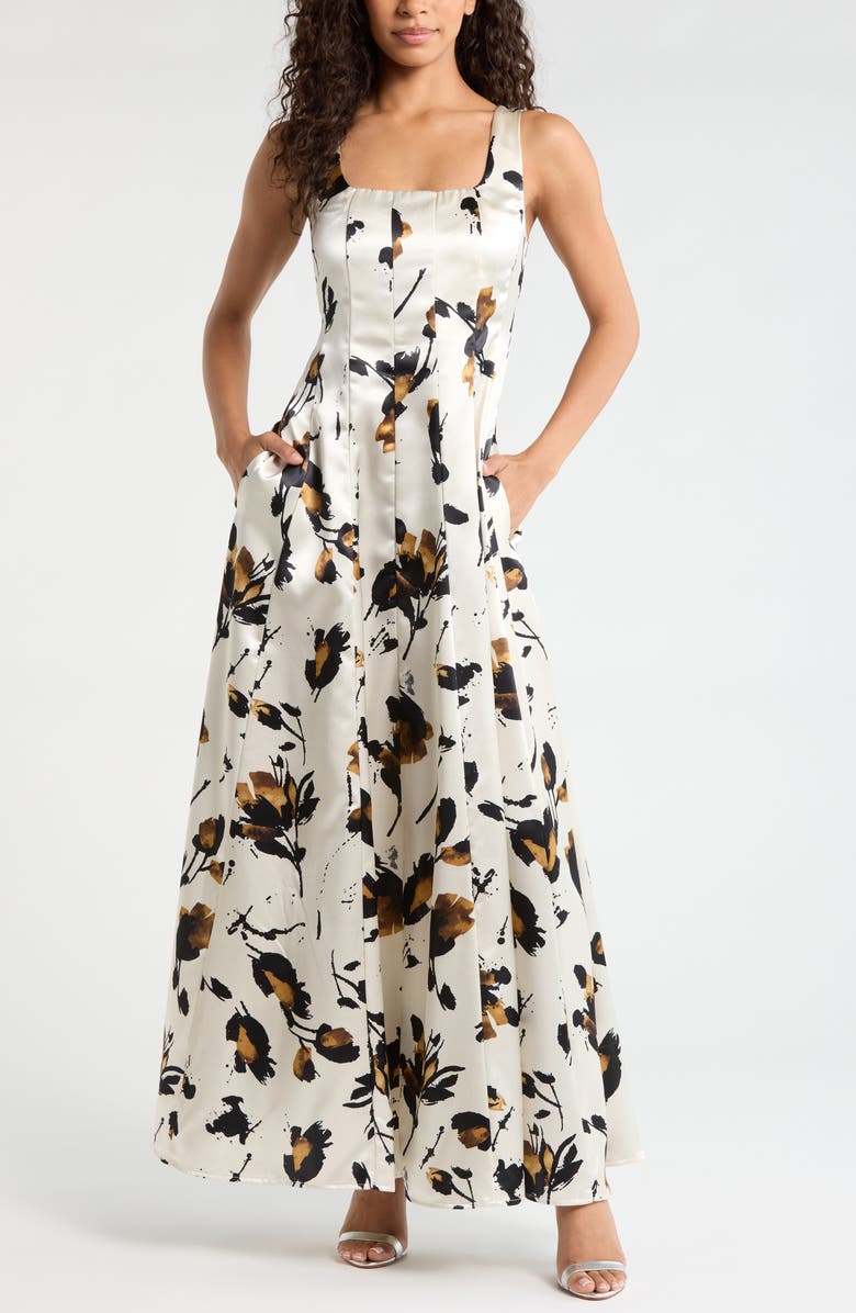 MELLODAY Floral Print Satin Maxi Dress, Main, color, Bone Multi