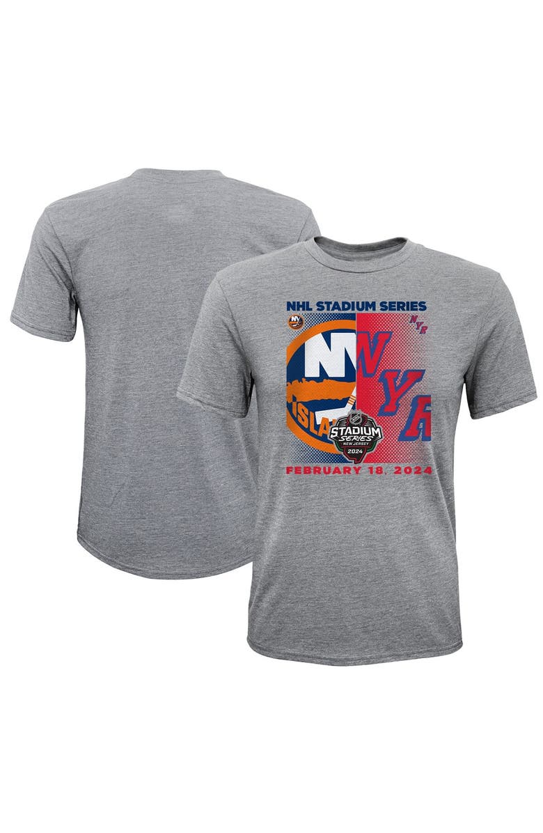 Outerstuff Youth Heather Gray New York Islanders vs. New York Rangers 2024 NHL Stadium Series Matchup T-Shirt, Main, color, 