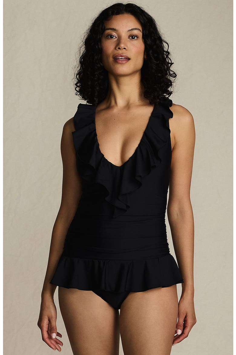Ruffle Plunge Skirted High Leg One Piece, Main, color, Black