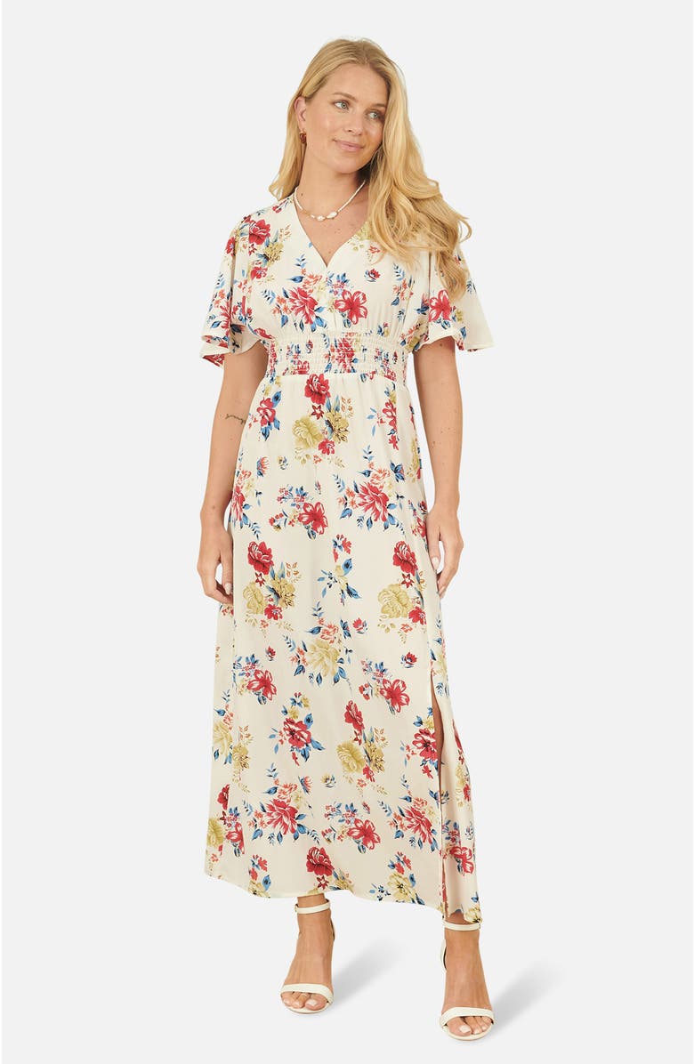 Yumi Ruched Waist V-Neck Midi Dress, Main, color, Ivory