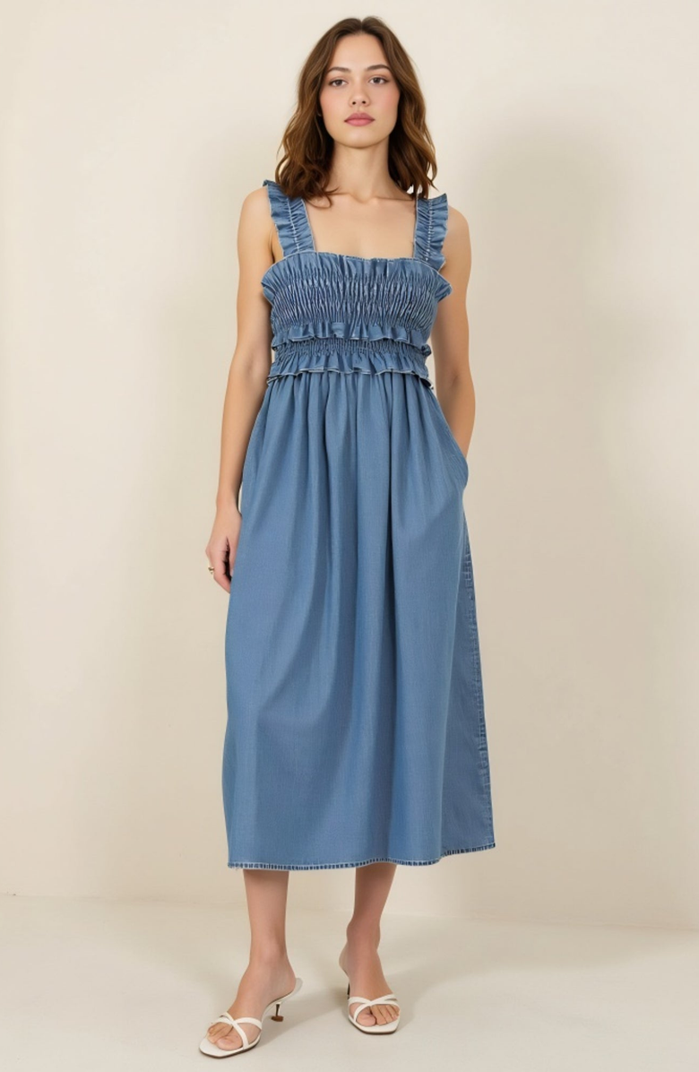 Modenaire Smocked Ruffle Strap Square Neck Flowy Midi Dress, Main, color, Light Blue