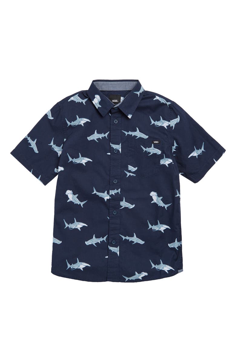 Vans Kids' Shark Print Short Sleeve Button-Up Shirt, Main, color, 