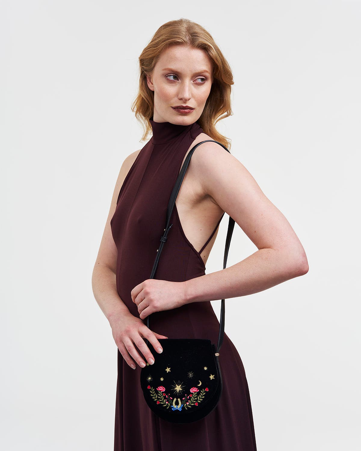 Fable England Kate Celestial Embroidered Velvet Saddle Bag, Alternate, color, Black