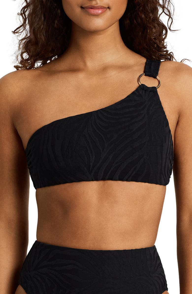 Lauren Ralph Lauren Ring One-Shoulder Bikini Top, Main, color, Black