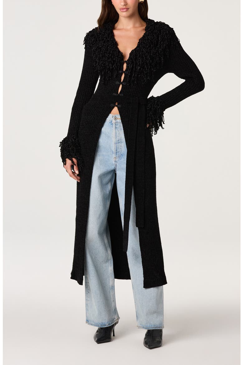 Jadwiga Fringe Tie Waist Cardigan, Alternate, color, BLACK