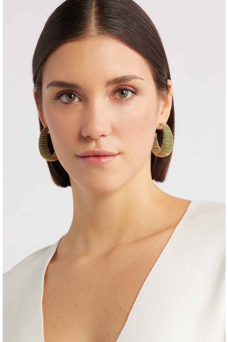 Metallic Thread Hoop Earrings, Alternate, color, DARK GREEN- GOLD