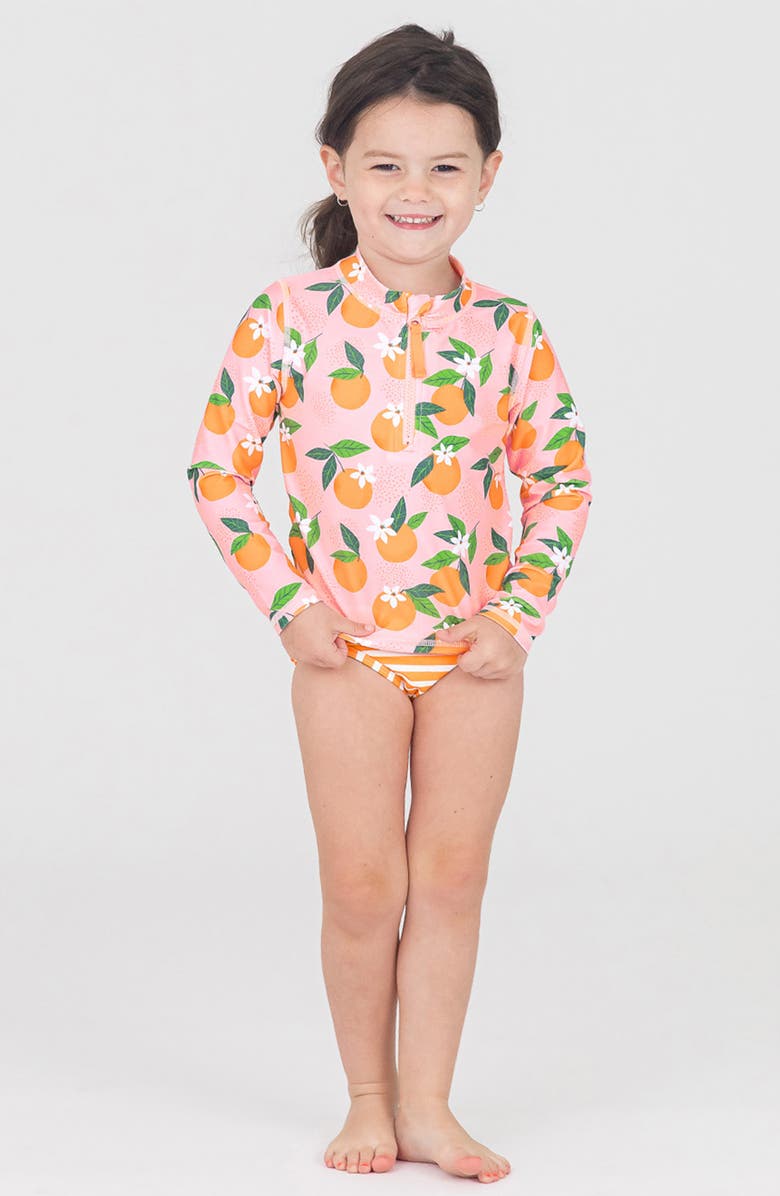 RuffleButts Orange You the Sweetest Long Sleeve Two-Piece Rashguard Swimsuit, Alternate, color, Pink