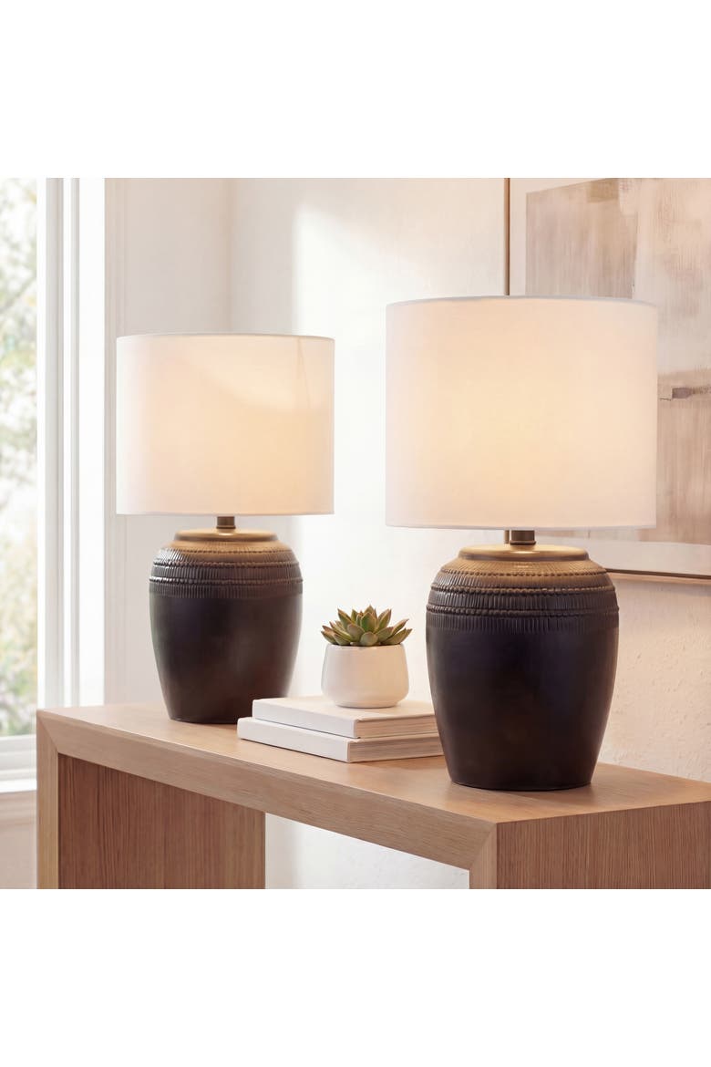 Hugo 16.75" Traditional Rustic Reeded Ceramic Vase LED Table Lamp, Main, color, Black Nickel