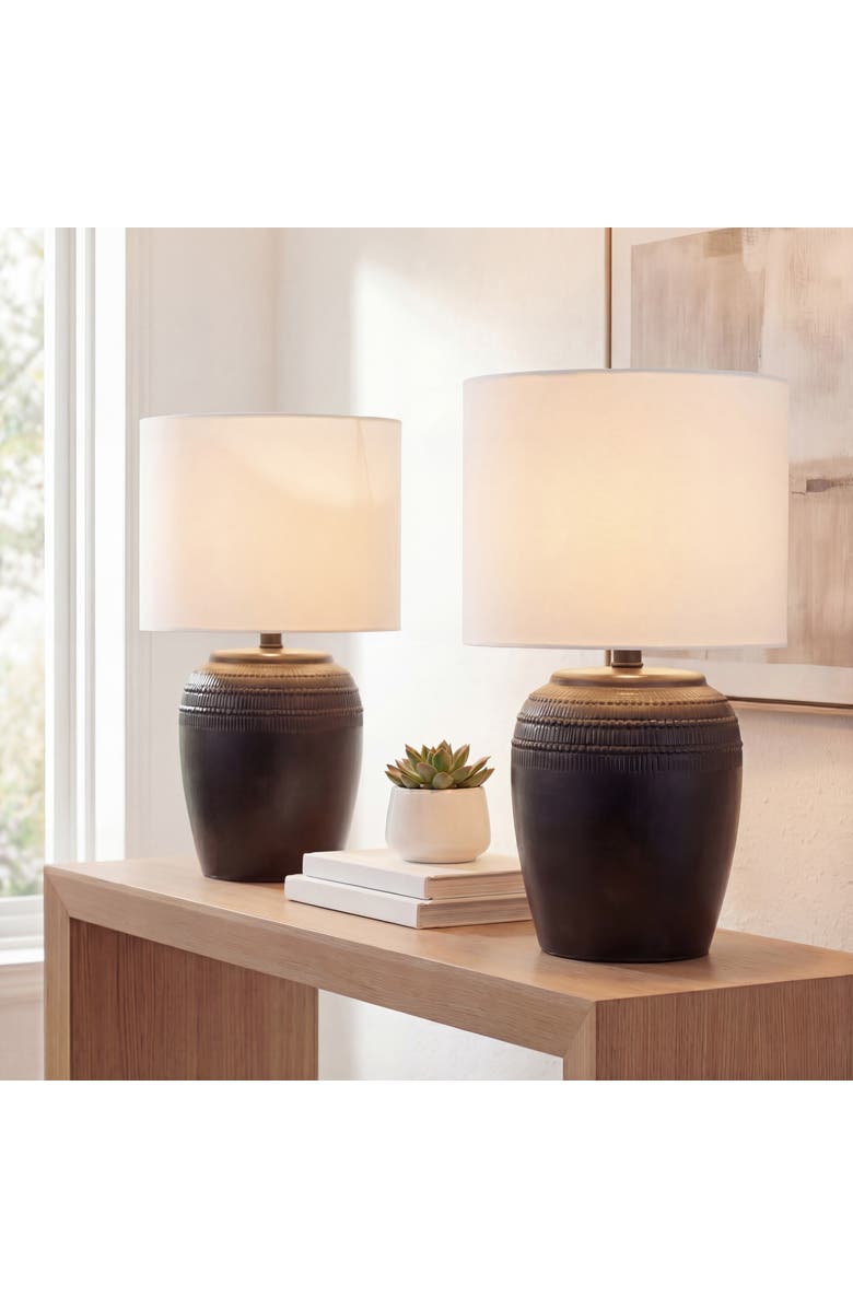 JONATHAN Y Hugo 16.75" Traditional Rustic Reeded Ceramic Vase LED Table Lamp, Main, color, Black Nickel