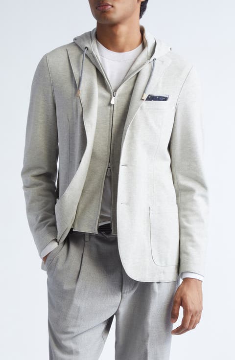 Single Breasted Herringbone Sport Coat with Removable Hooded Bib