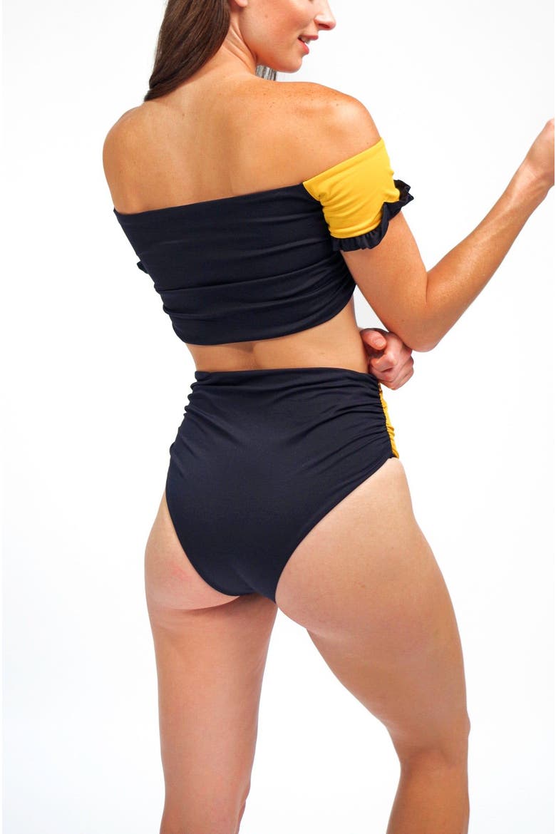 Cali Super High Waisted Bikini Bottom, Alternate, color, Black and Mustard Yellow