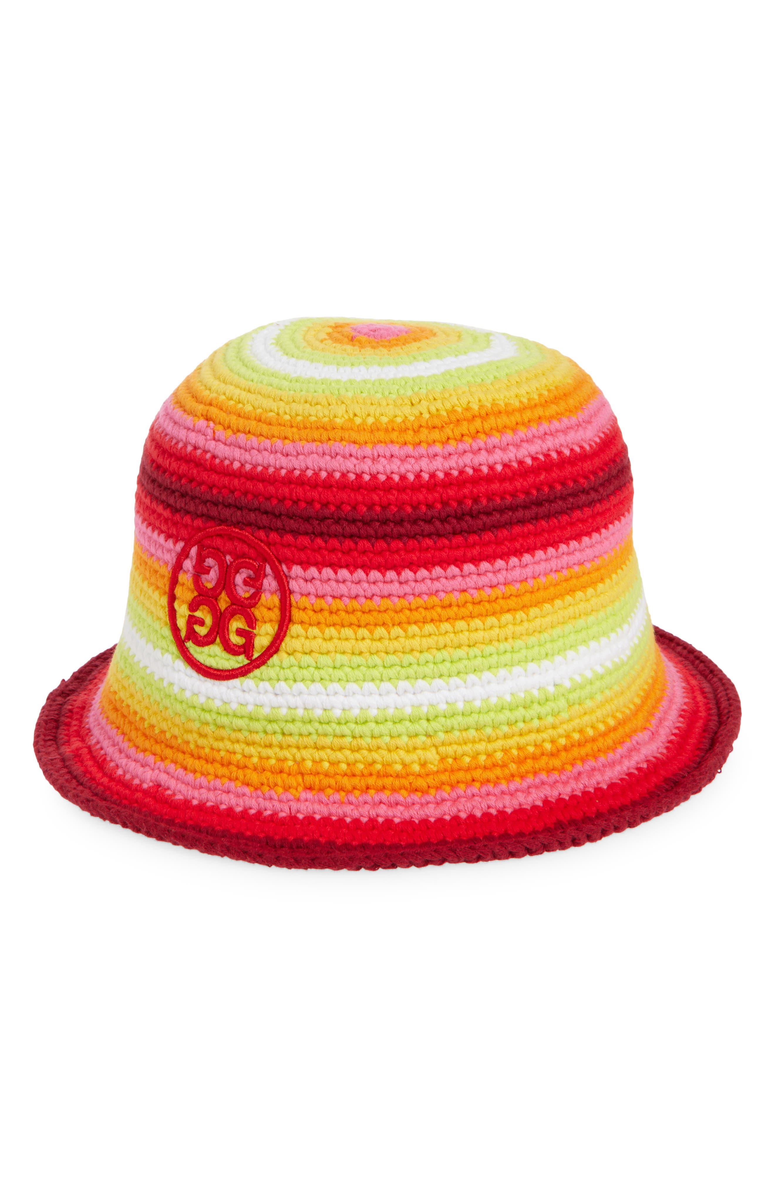 G/fore Circle Logo Stripe Cotton Crochet Bucket Hat In Lava Multi