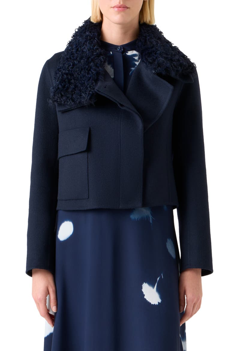 Edena Cashmere Crop Jacket with Genuine Shearling Collar, Alternate, color, NAVY