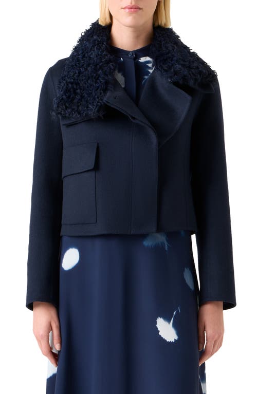 Akris Edena Cashmere Crop Jacket With Genuine Shearling Collar In Blue
