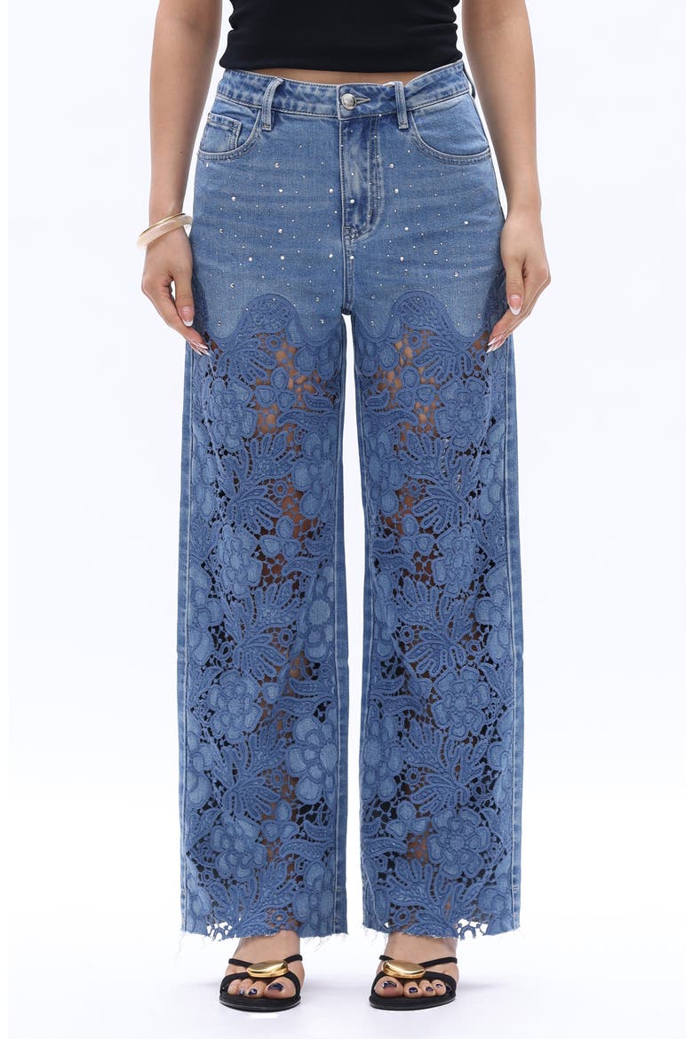 High Waist Floral Embroidered Raw Hem Wide Leg Jeans, Main, color, MEDIUM BLUE