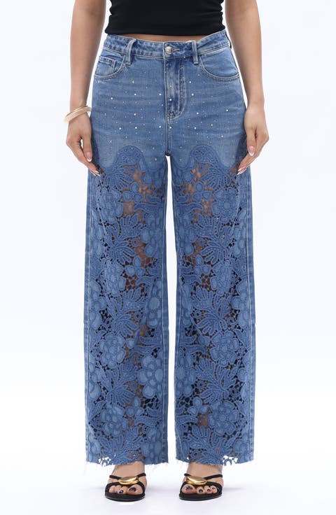 High Waist Floral Embroidered Raw Hem Wide Leg Jeans