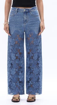 Bayeas High Waist Floral Embroidered Raw Hem Wide Leg Jeans