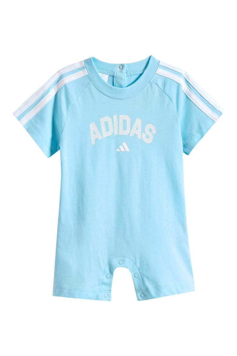 Graphic Print 3-Stripes Romper, Main, color, FROZEN BLUE