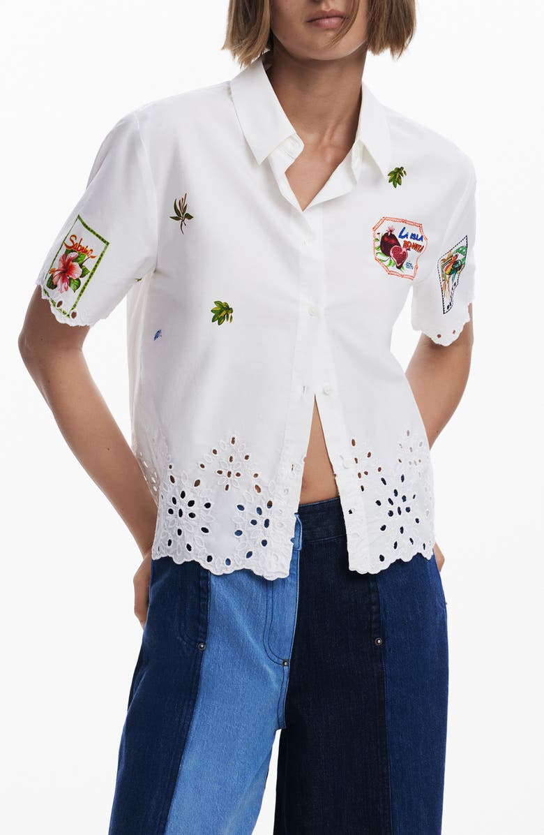 Desigual Embroidered Eyelet Short Sleeve Cotton Button-Up Shirt, Main, color, 